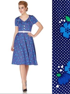 Voodoo Vixen Blue Flowers 50s Style Swing Dress w/ White Trim in Small Size 4-6